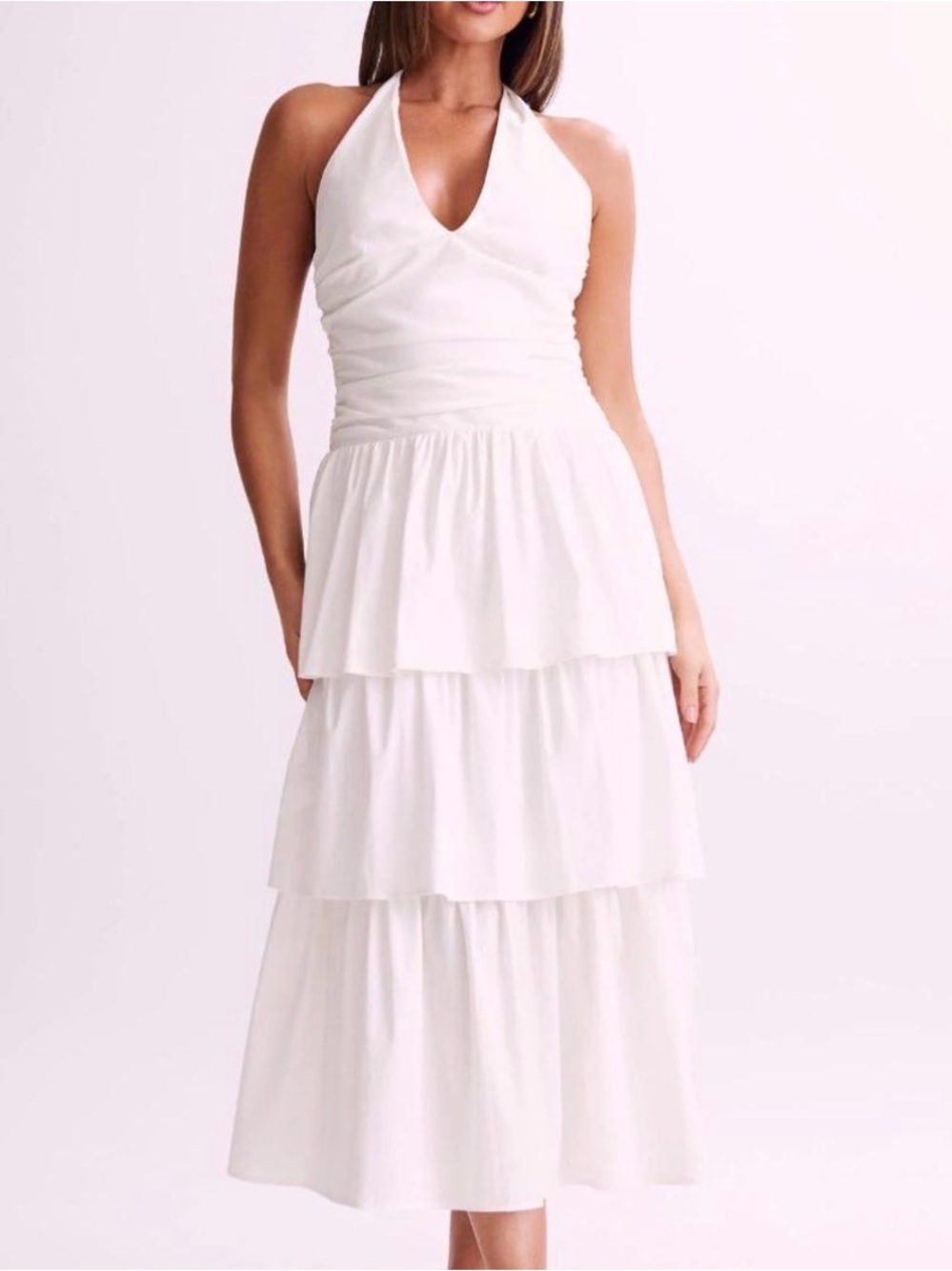 Meshki Belinda Maxi White Halter Tiered Midi Dress Beach Wedding Layered Large
